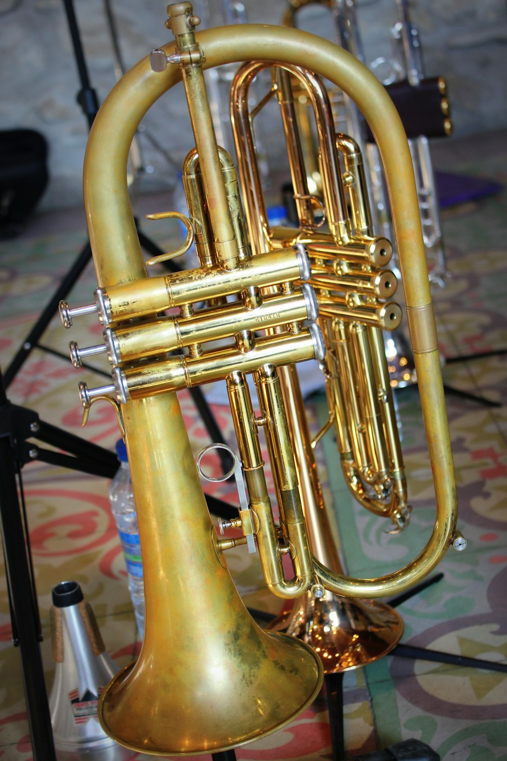 a close up of a trumpet on a table