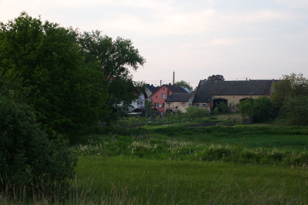 a field with a house and trees in the background