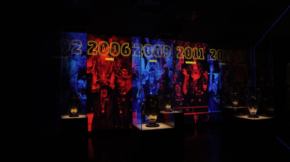 a display of various items in a dark room