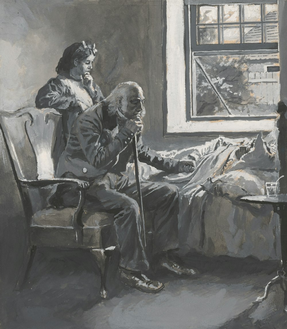 uma pintura de um homem sentado em uma cadeira ao lado de uma mulher