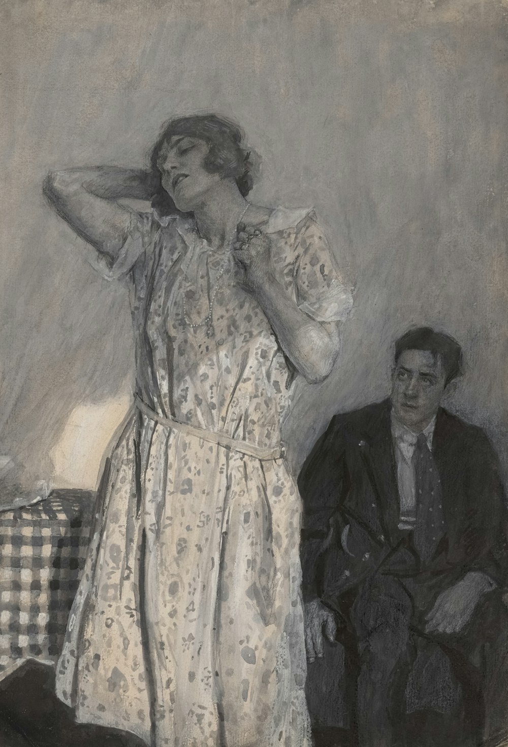 a drawing of a woman standing next to a man