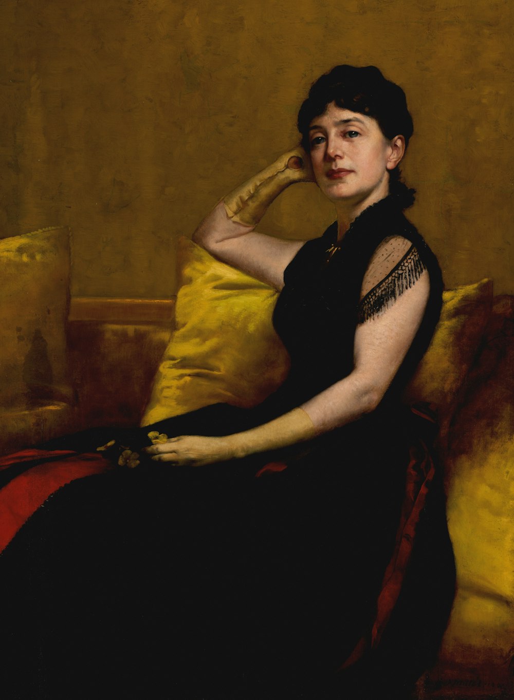 uma pintura de uma mulher sentada em um sofá
