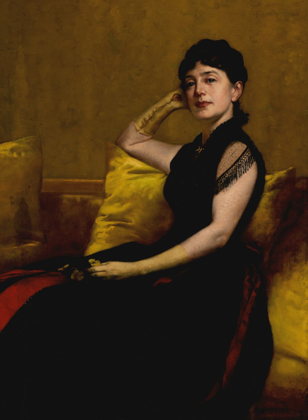 a painting of a woman sitting on a couch