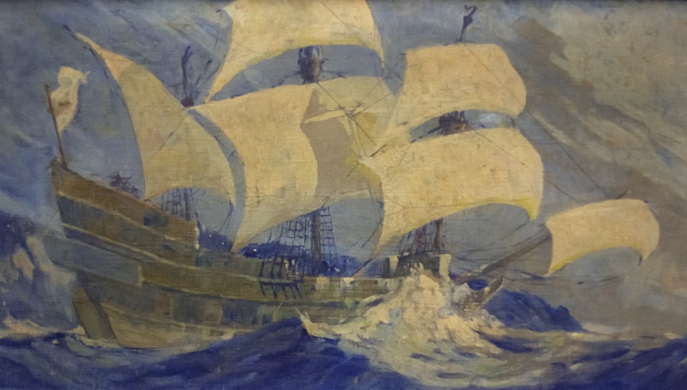 a painting of a sailboat in rough seas