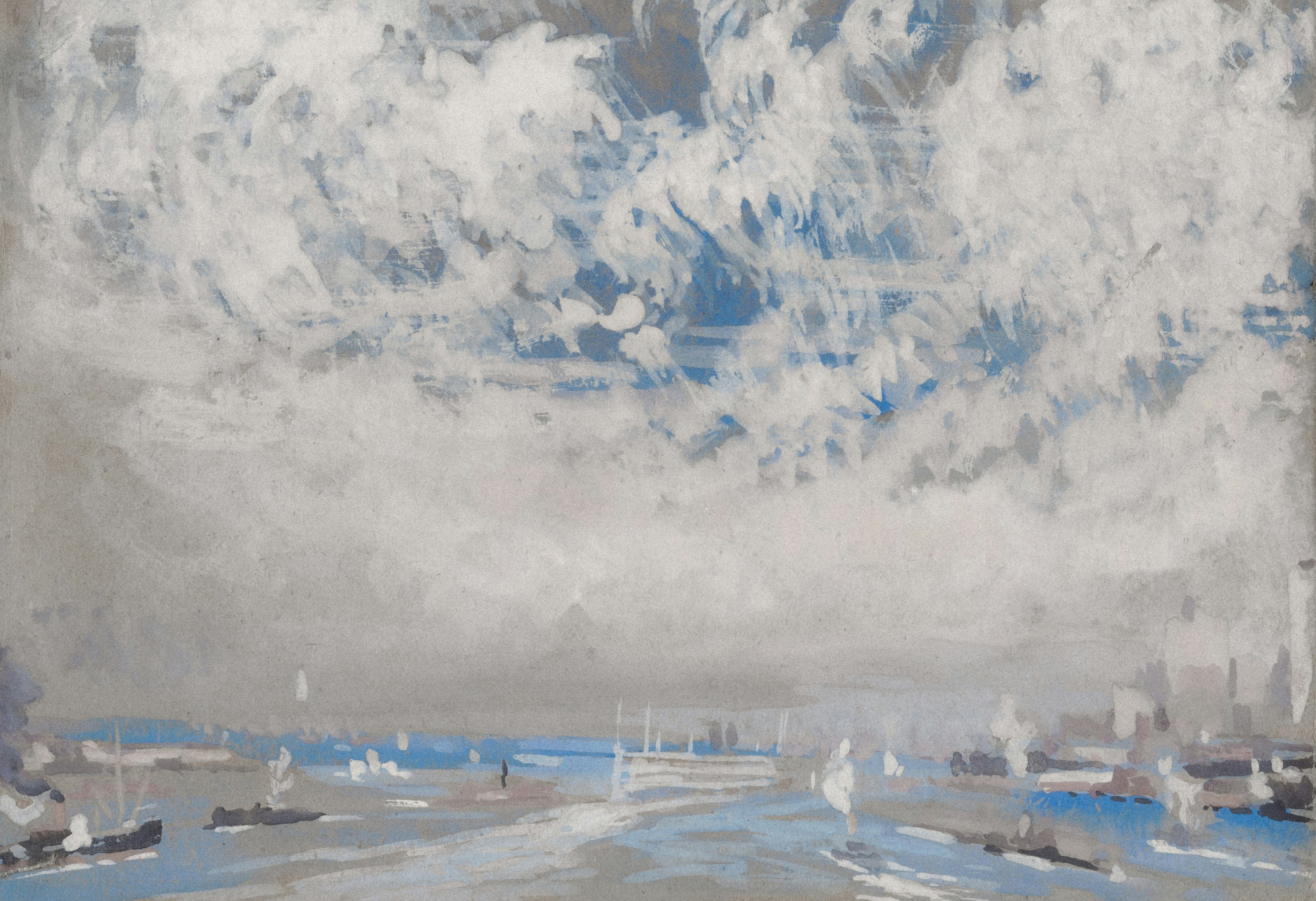 a painting of boats in the water under a cloudy sky