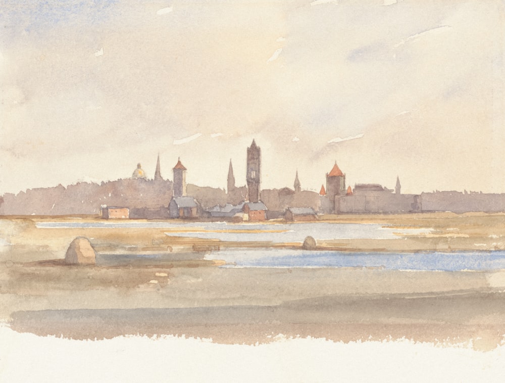 uma pintura em aquarela de um horizonte da cidade
