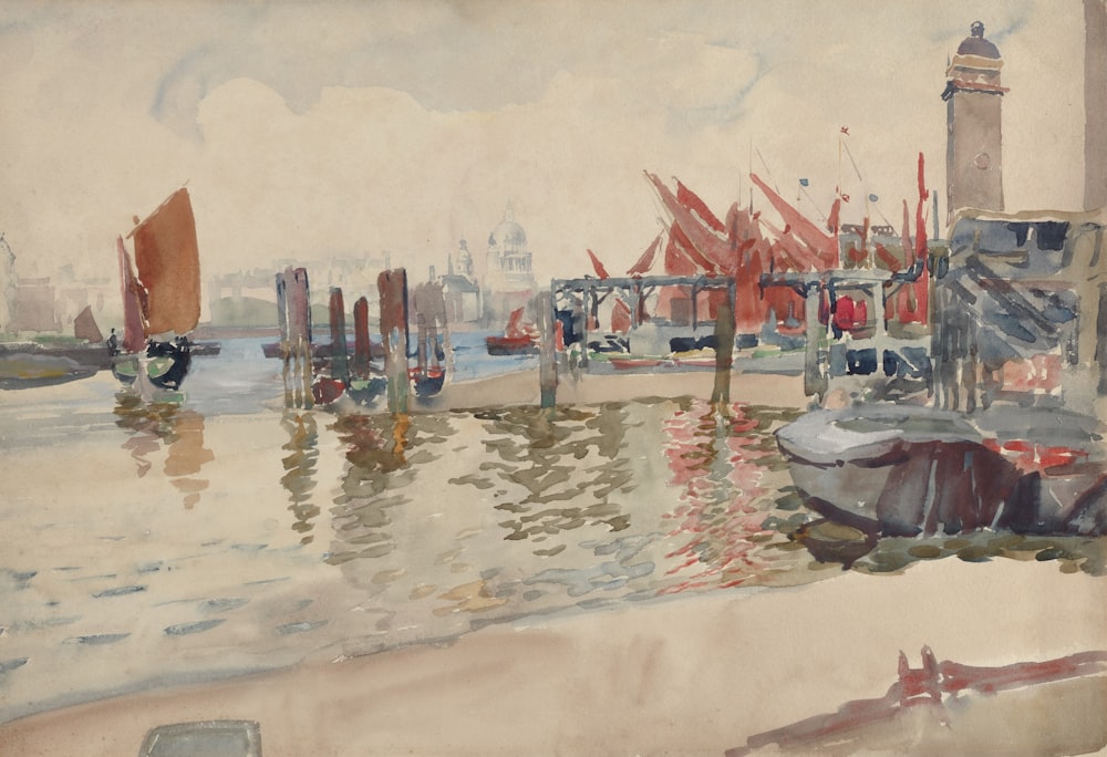 Una pintura de un puerto con barcos en el agua