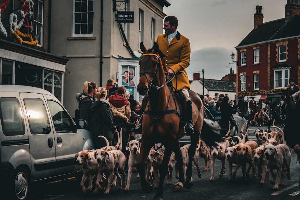 a man in a yellow coat riding a horse with a herd of dogs
