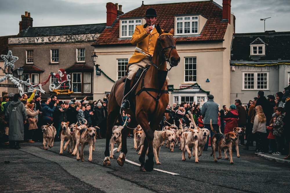 a man riding on the back of a brown horse