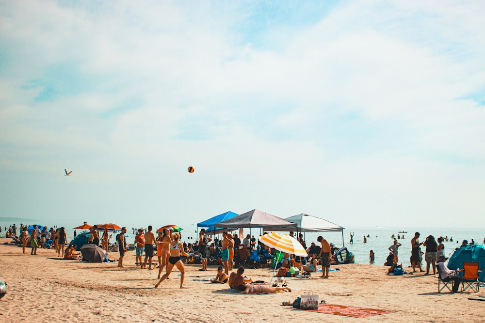 a group of people standing on top of a sandy beach