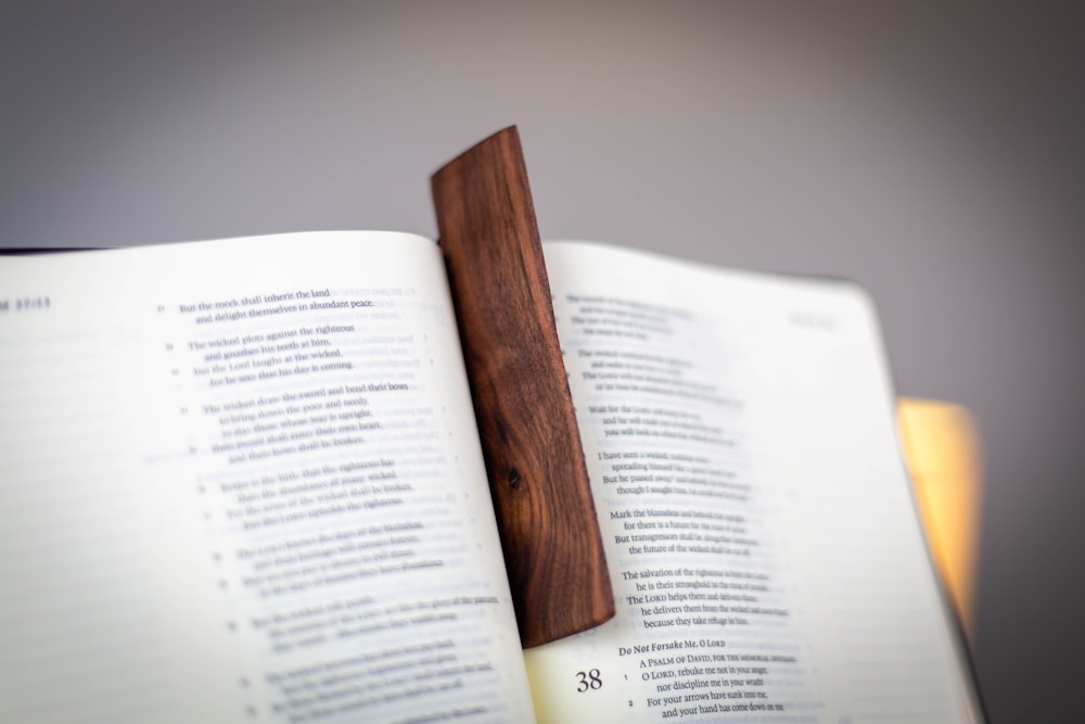 an open book with a wooden bookmark sticking out of it