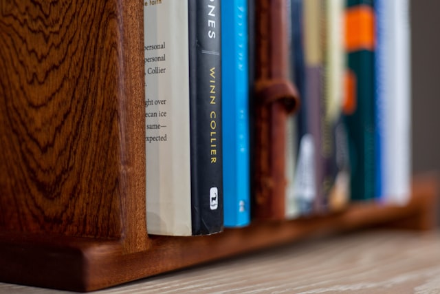 나무 선반 위의 책들