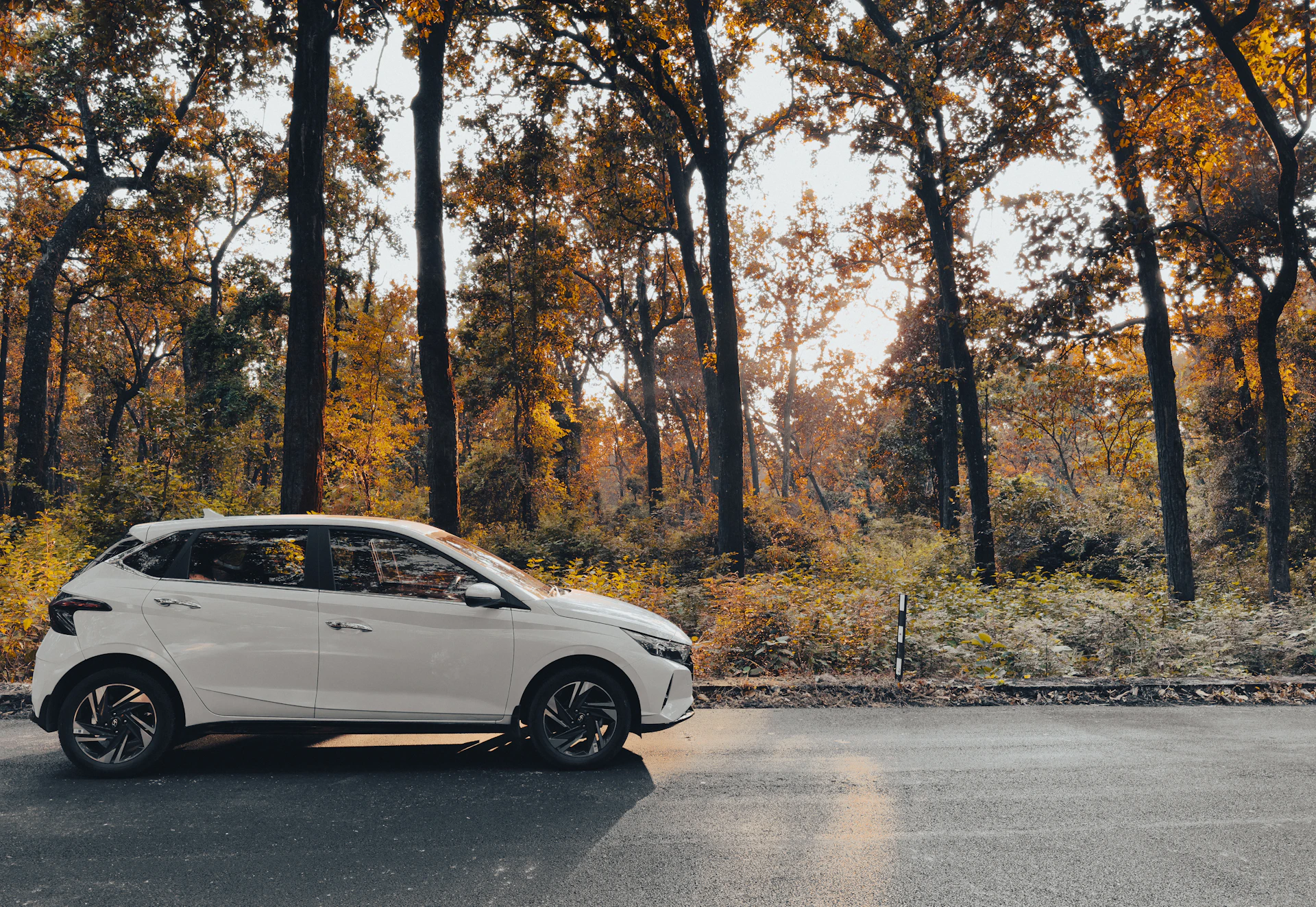 a white car parked on the side of a road