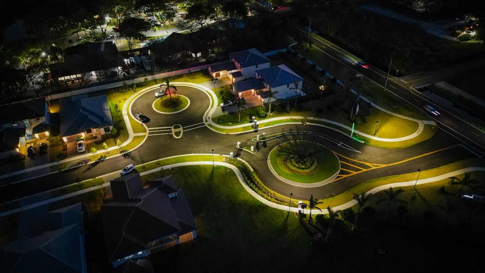 an aerial view of a park at night