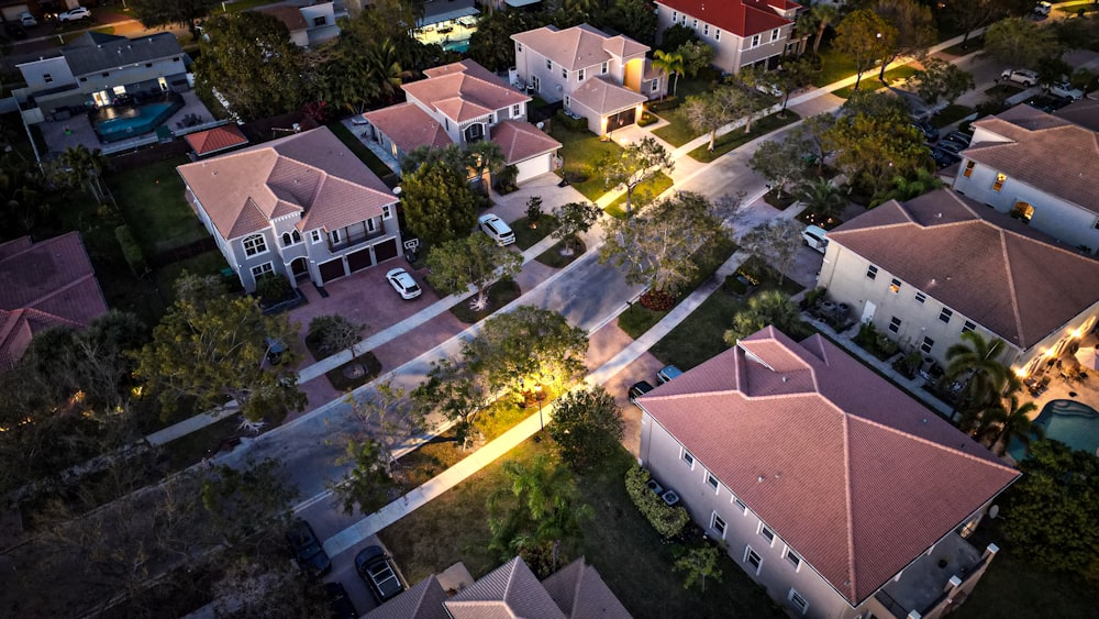 an aerial view of a neighborhood at night