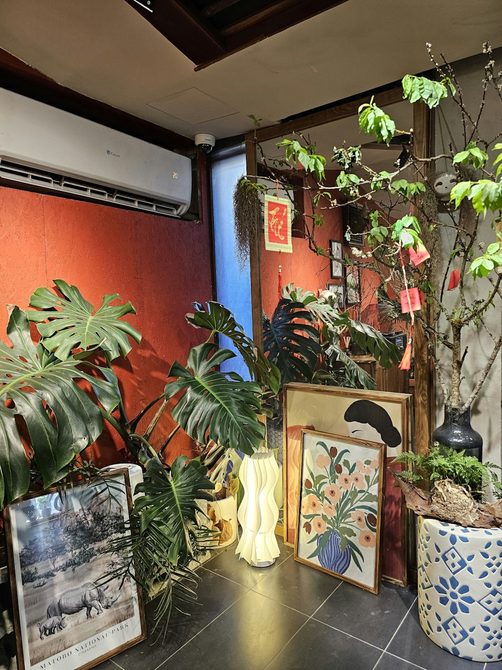 a room filled with potted plants and pictures