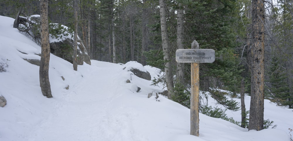 a sign on a snow covered path in the woods
