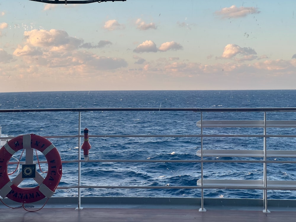 a life preserver on the deck of a cruise ship
