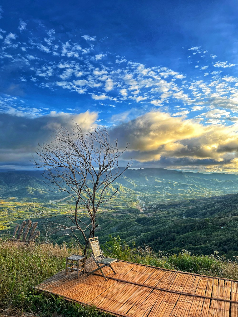 a chair sitting on top of a wooden platform