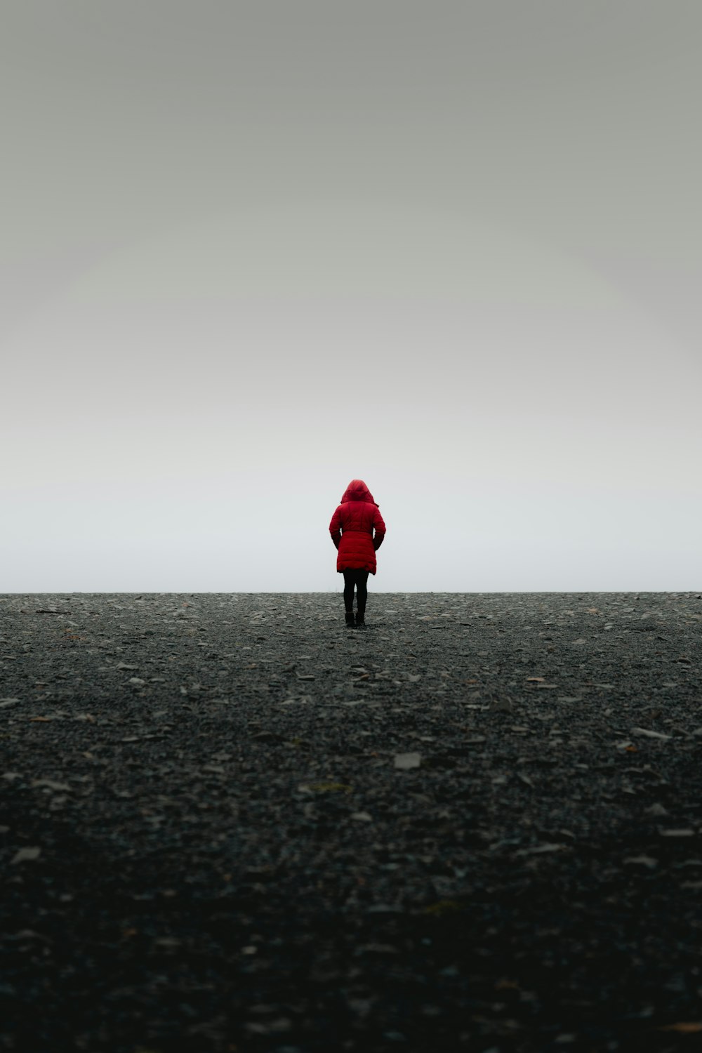 a person in a red jacket standing in a field