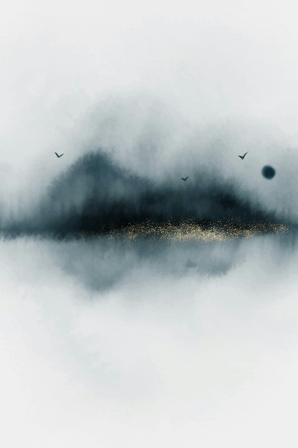 a foggy sky with birds flying over it