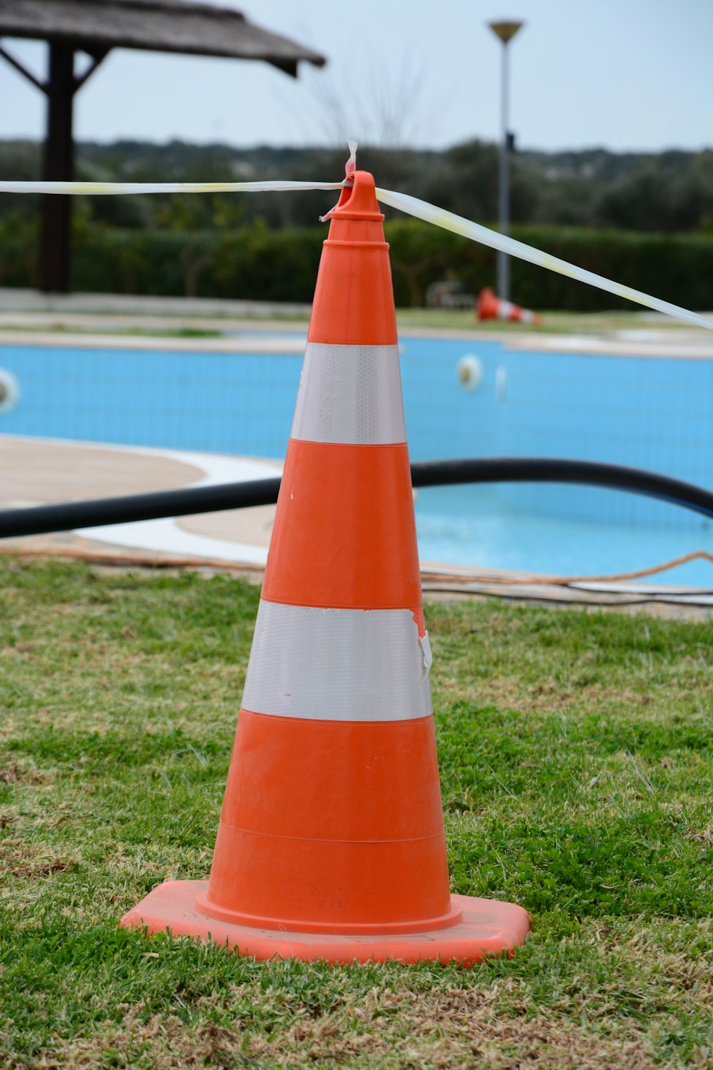 an orange and white cone sitting on top of a lush green field
