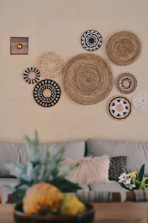 a living room with a couch and a pineapple