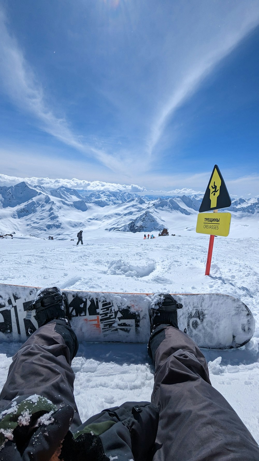 a person with their feet up on a snowboard