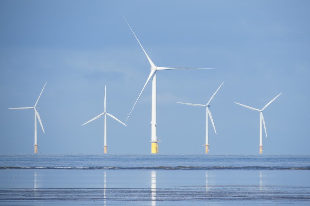 a group of wind turbines in the ocean