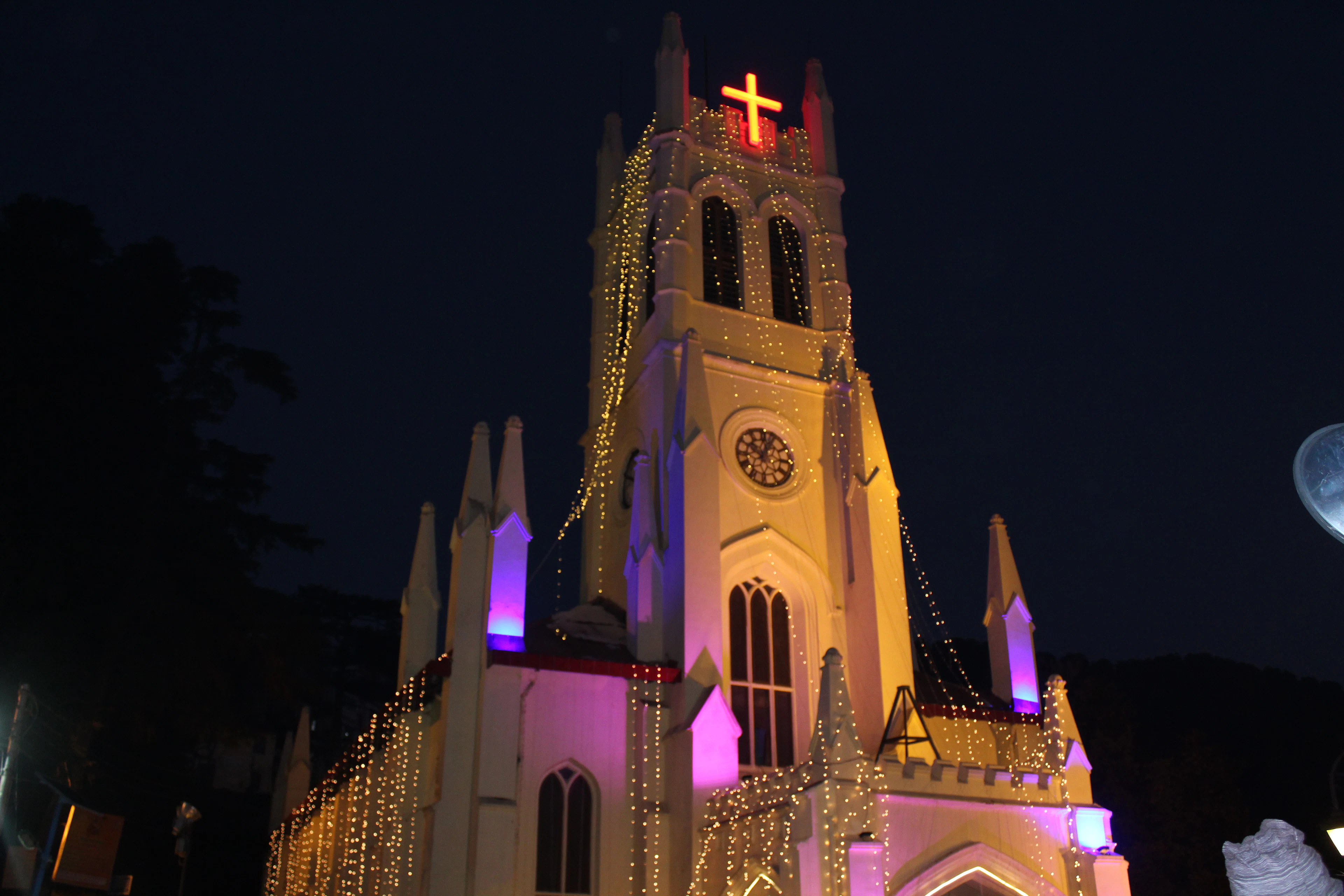 A church lit up at night