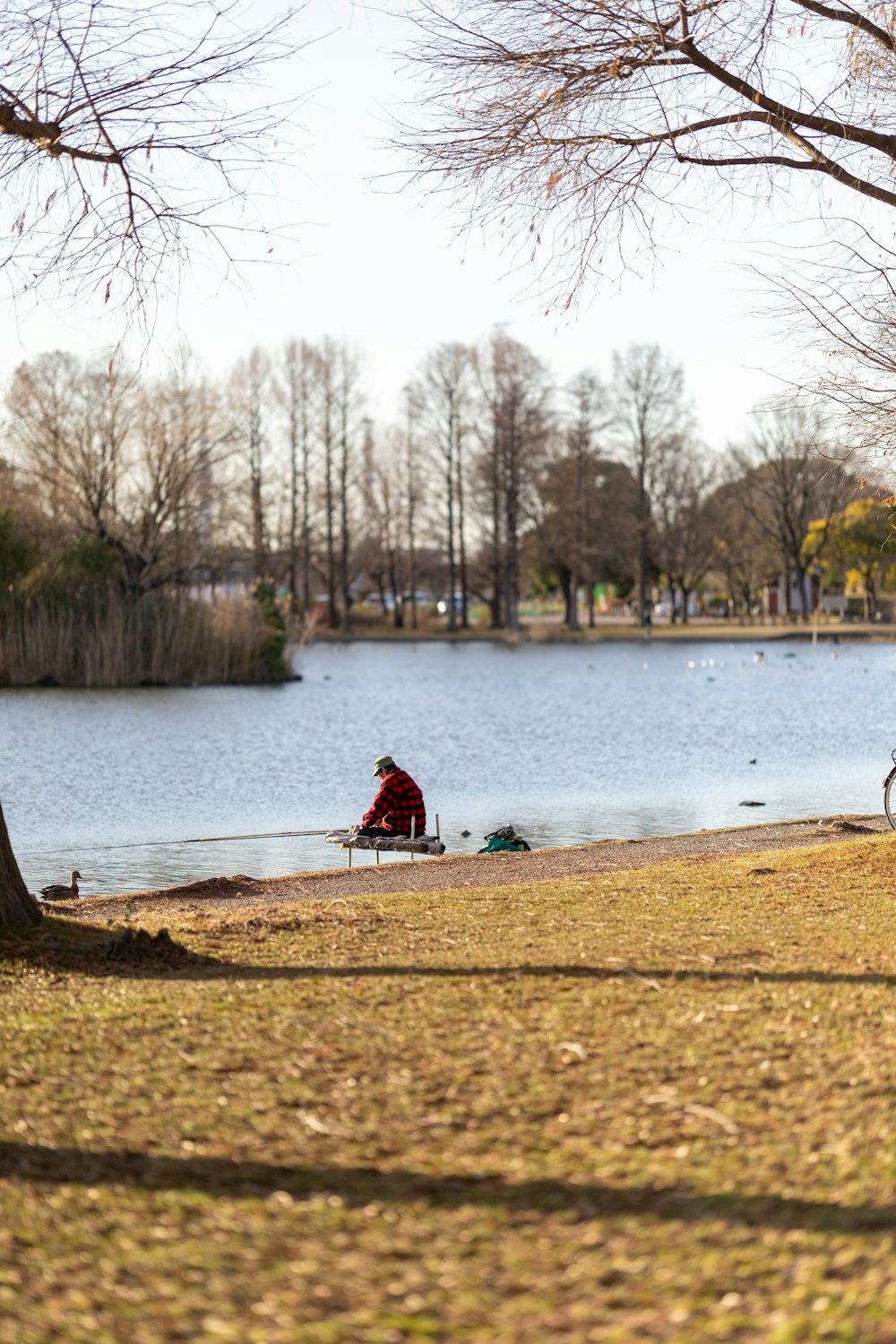 a man sitting on a bench next to a lake