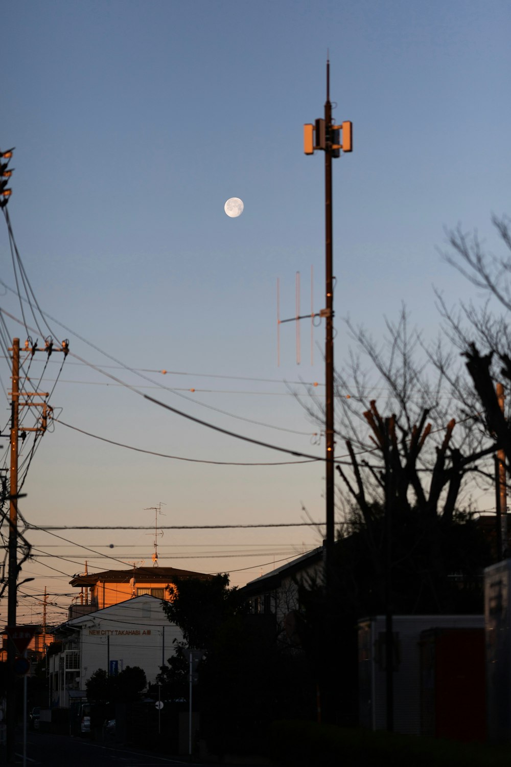 uma luz de rua com uma lua cheia no fundo