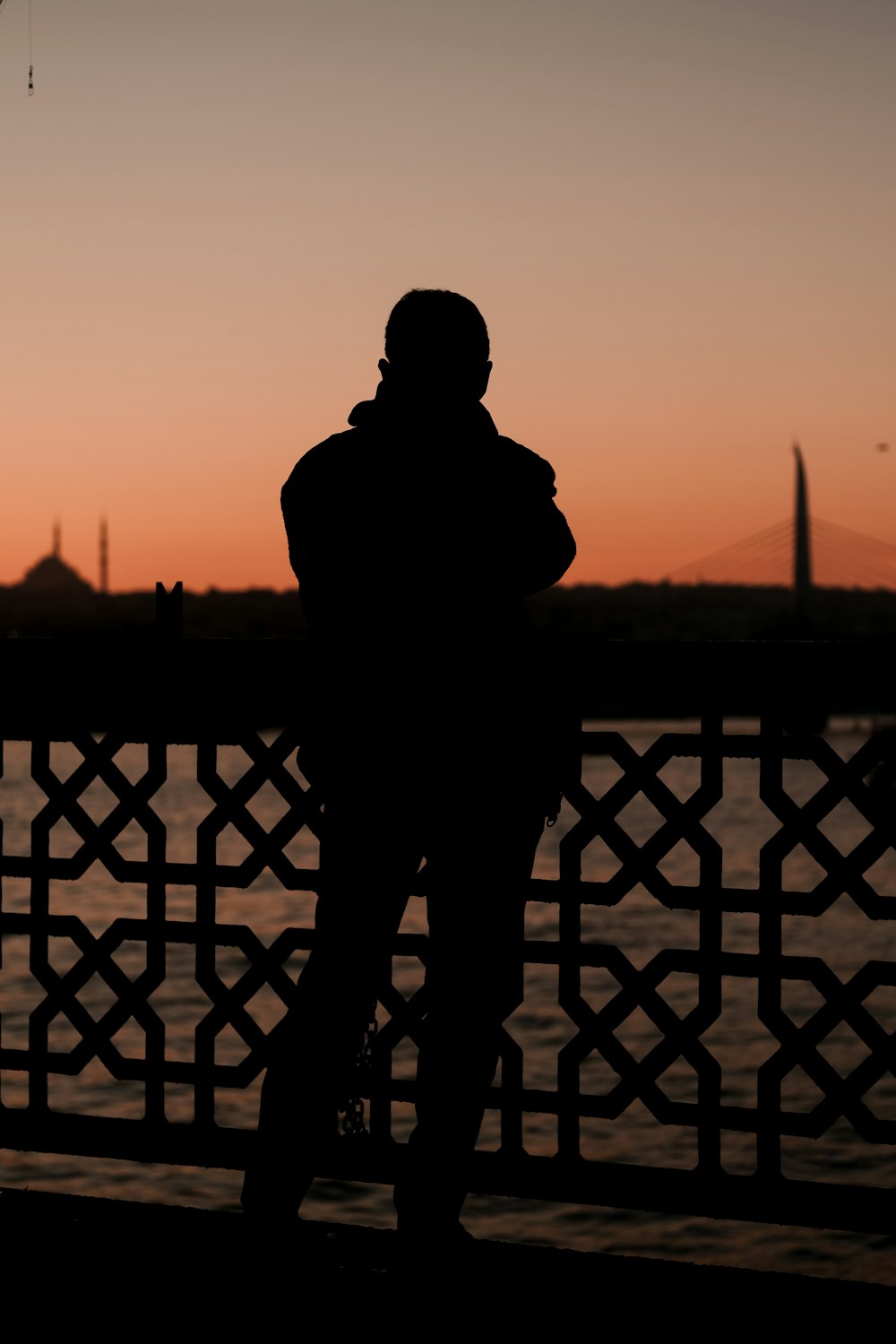 a person standing next to a fence with a sunset in the background