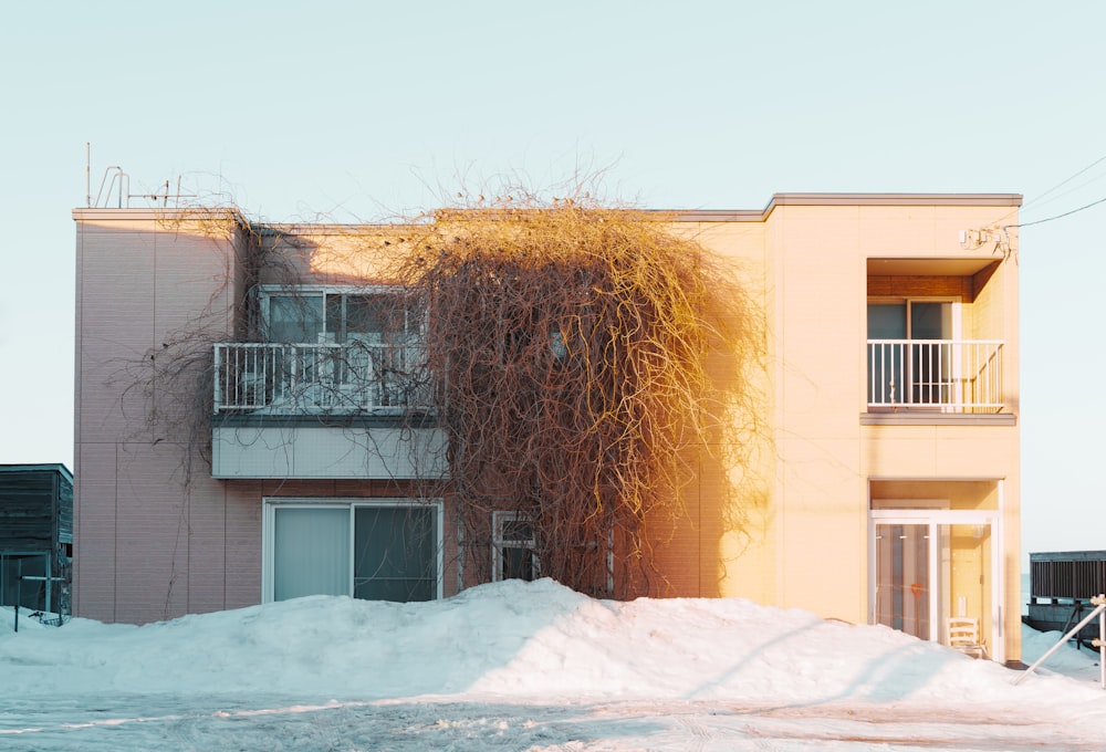 a building with a bunch of snow on the ground