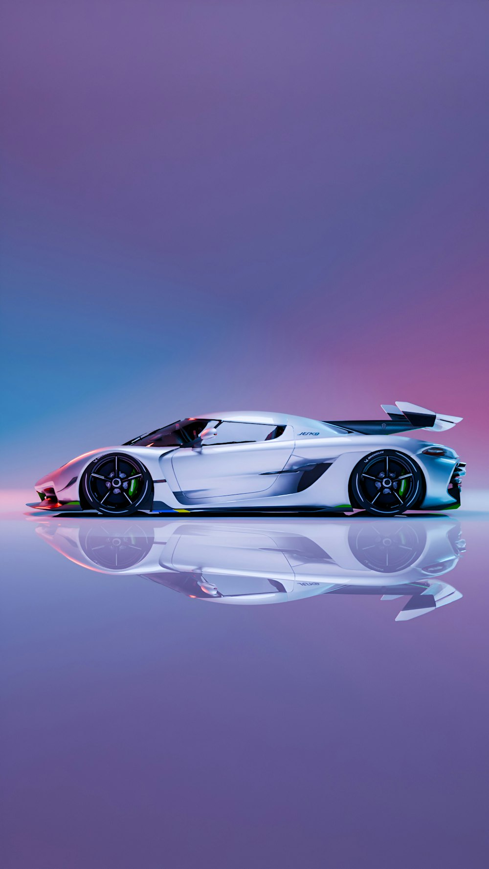 a white sports car on a reflective surface