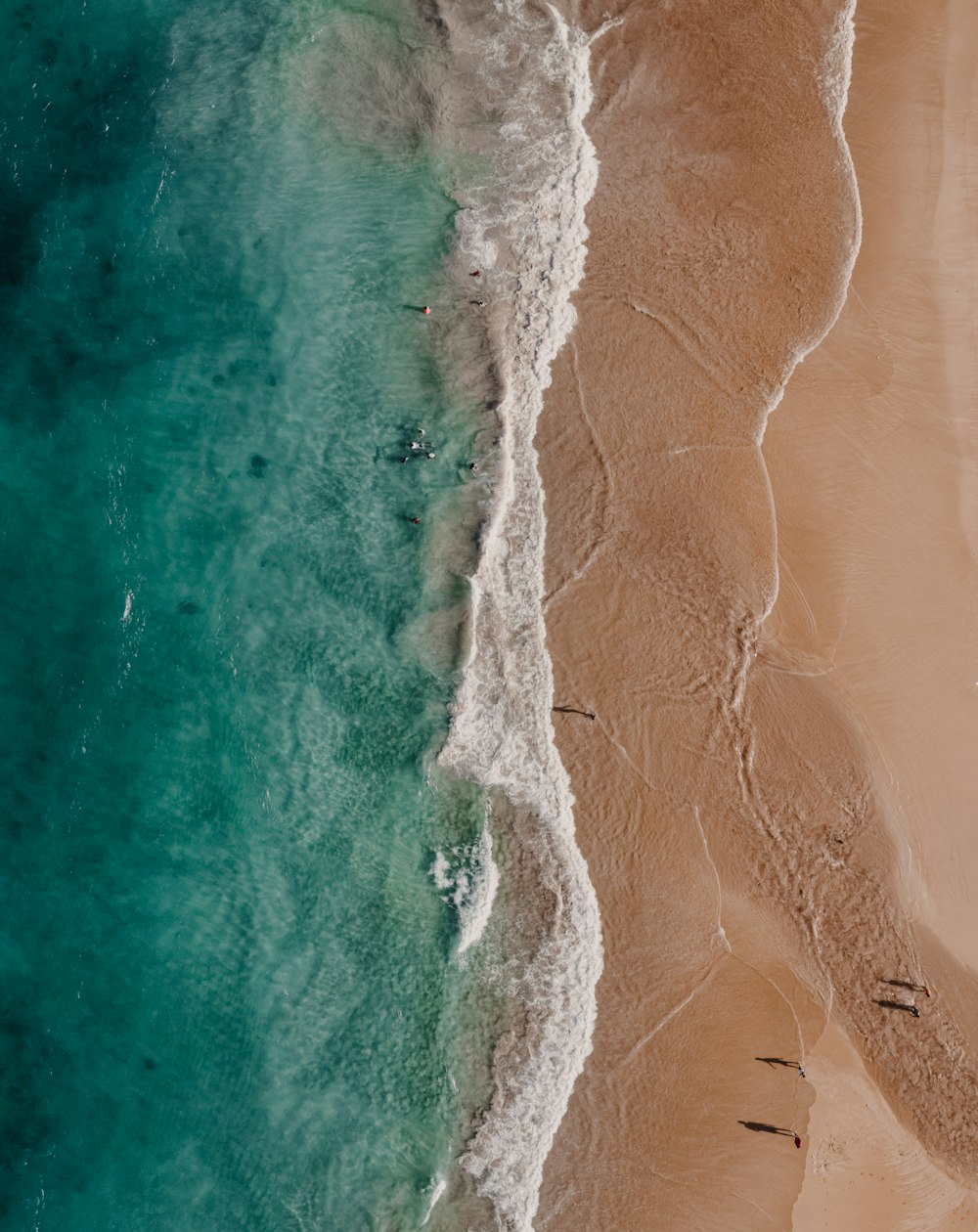 an aerial view of a beach with people in the water