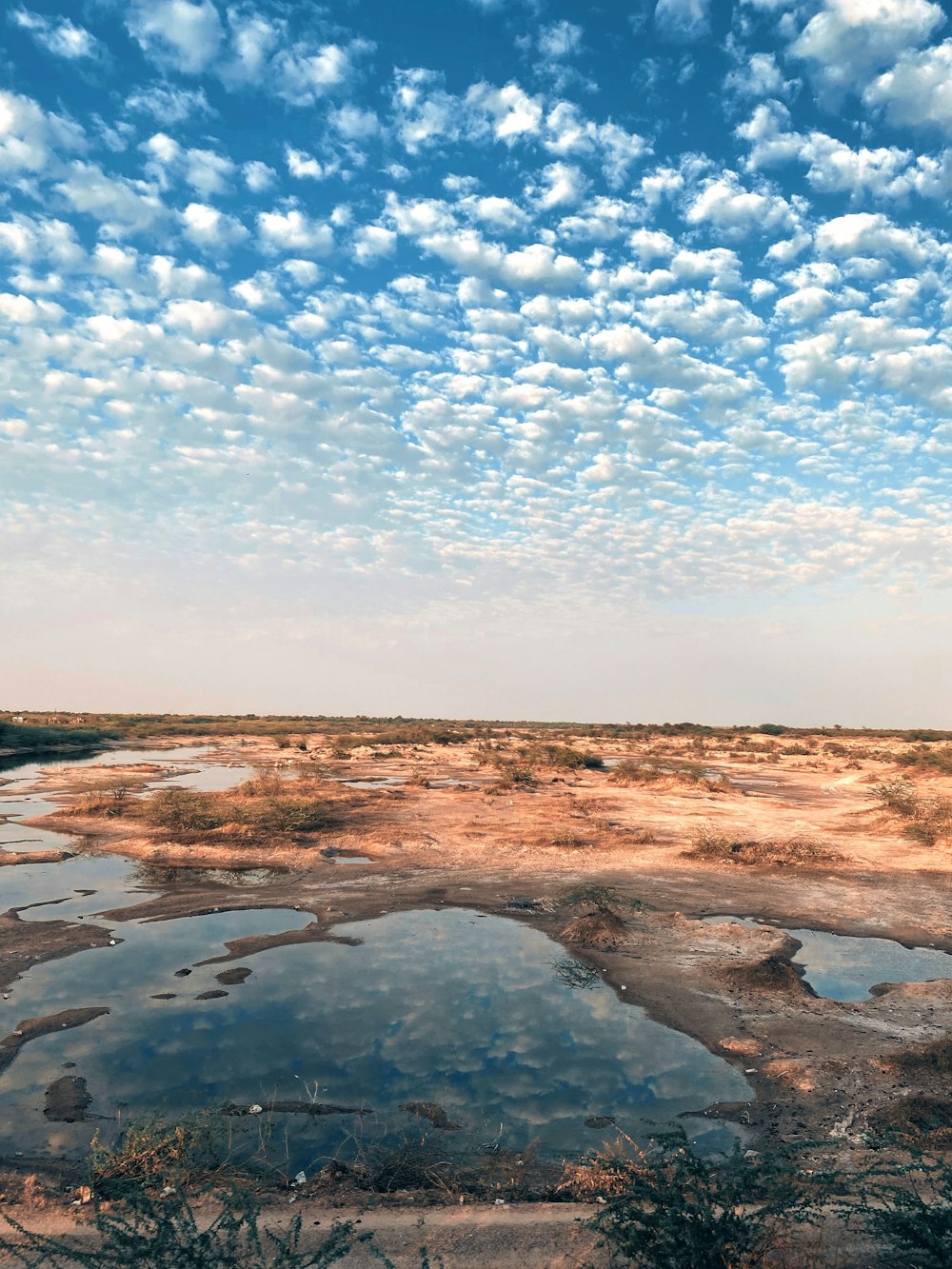 a large body of water sitting under a cloudy blue sky