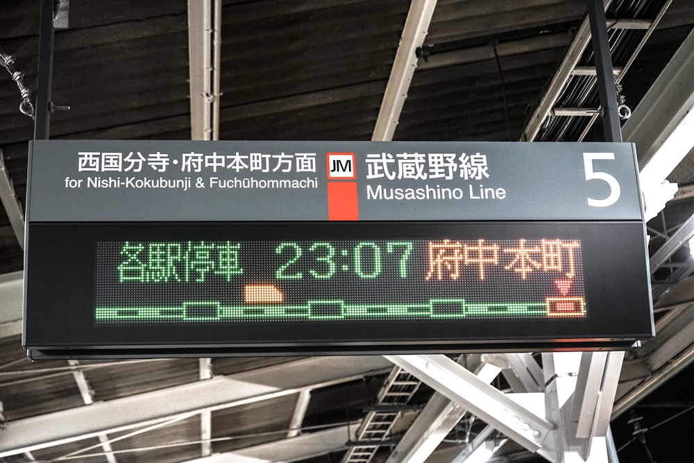 a large sign hanging from the ceiling of a train station