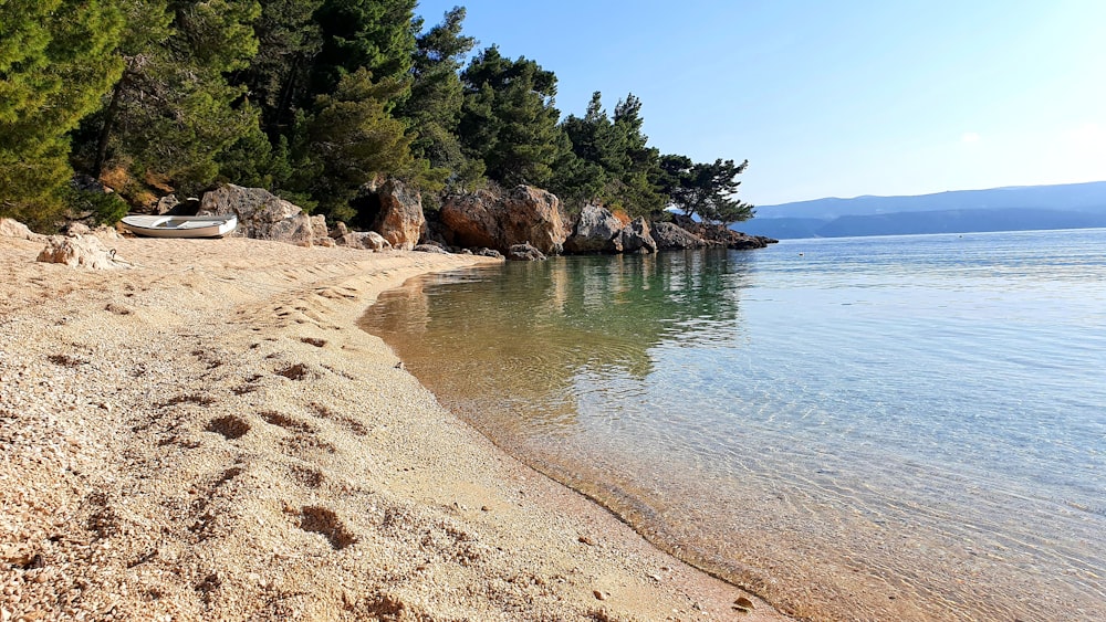 a sandy beach next to a body of water