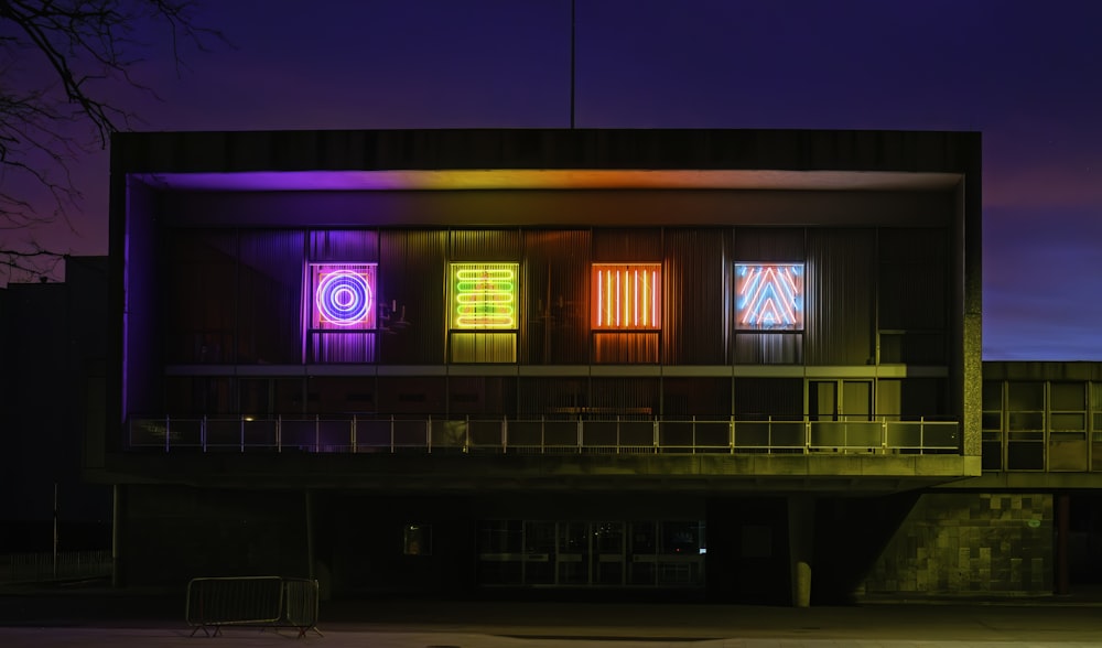 a building that has some lights on it