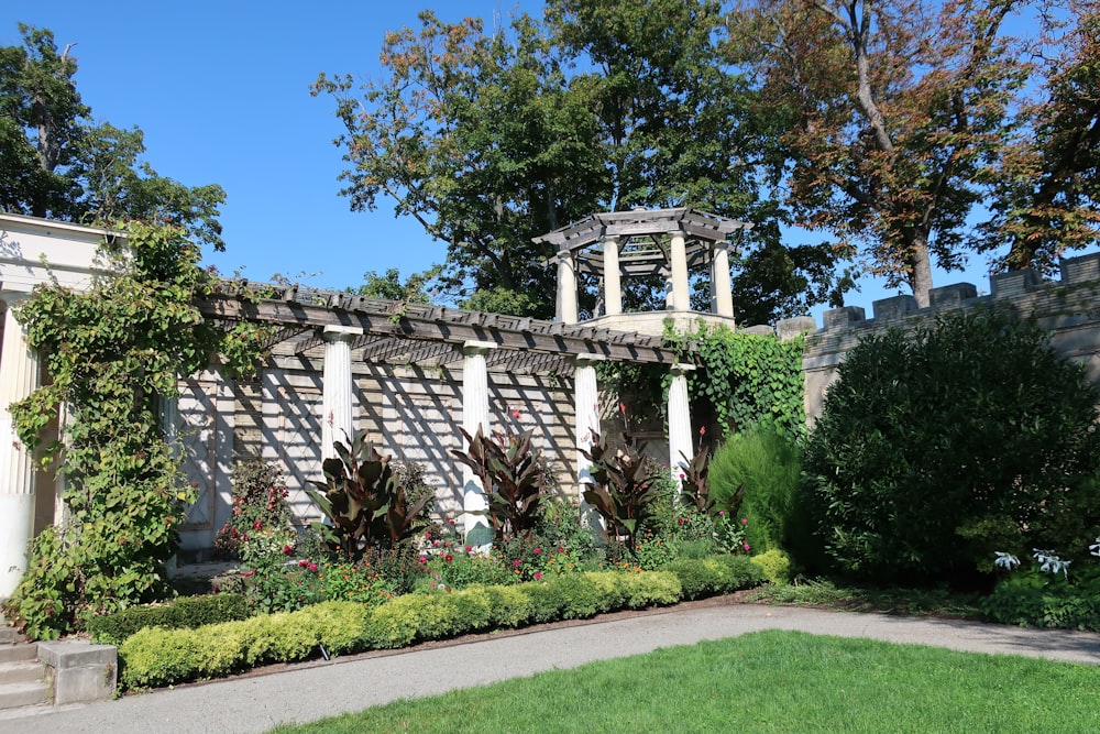 a building with a garden in front of it