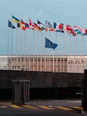 a bunch of flags that are in front of a building