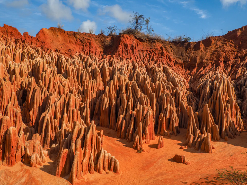 The image depicts a rugged, red-brown landscape with numerous cone-shaped formations scattered across the scene. The formations are primarily found on the sides and top of the hillside, creating a striking contrast against the clear blue sky above. In the distance, trees can be seen peeking through the hillside, adding depth to the image.