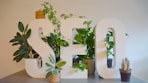a white sign with plants and a potted plant next to it