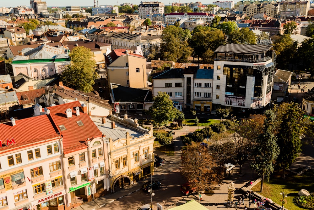 an aerial view of a city with lots of buildings