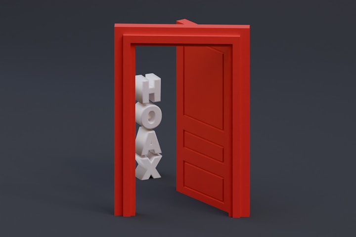 The word hoax behind a red door.