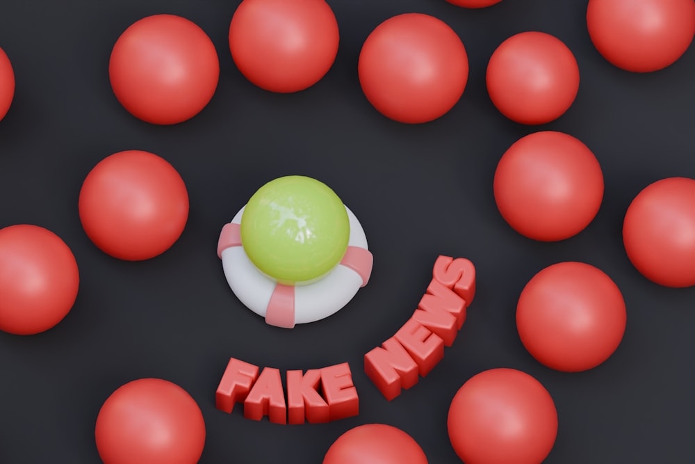 a fake news sign surrounded by red balls