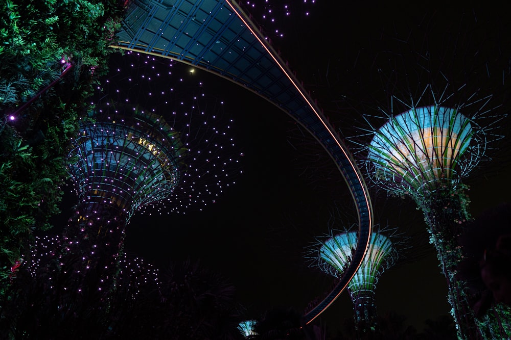Ein Blick bei Nacht auf die Gardens by the Bay in Singapur