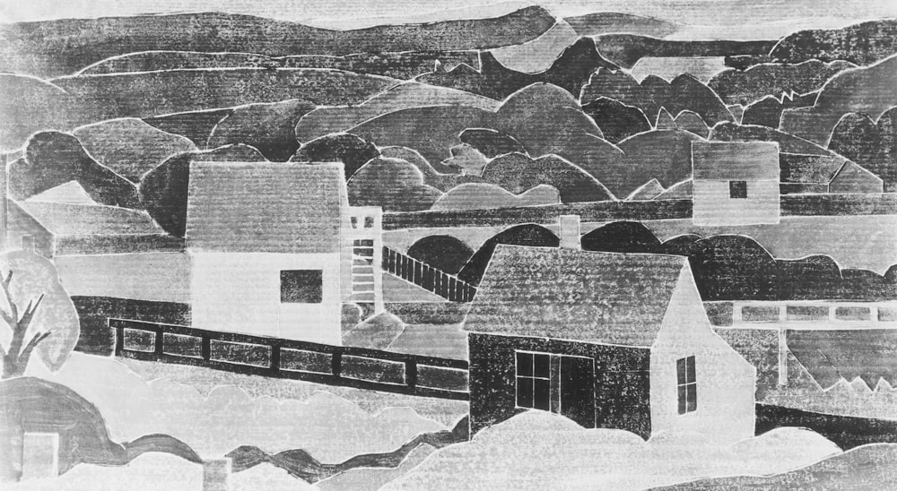 un disegno in bianco e nero di un villaggio