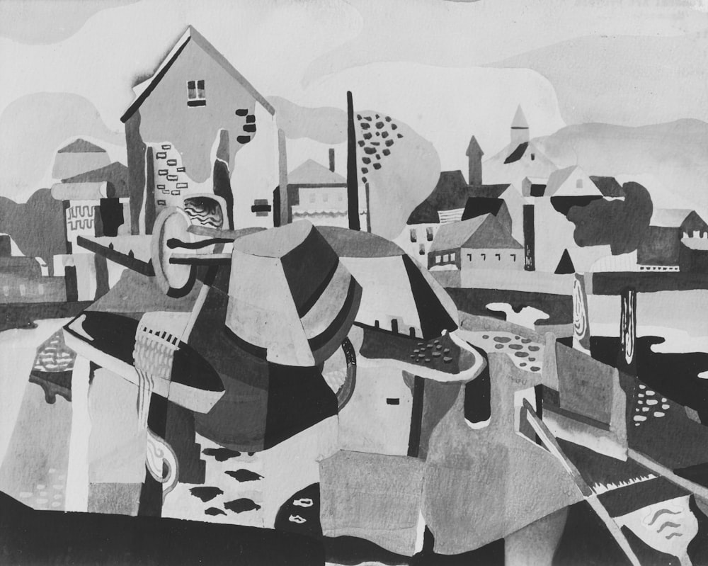 a black and white drawing of a city